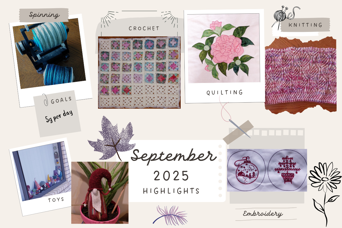 September 2025 highlights collage with crochet, knitting, quilting, embroidery, and toy images.