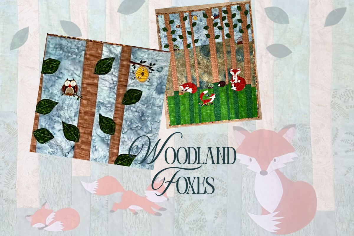 Woodland-themed fabric panels with foxes and trees on a light background