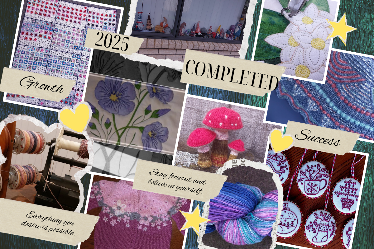 crafting goals for 2025 completed include applique, knitting, crochet, embroidery, spinning, and toymaking