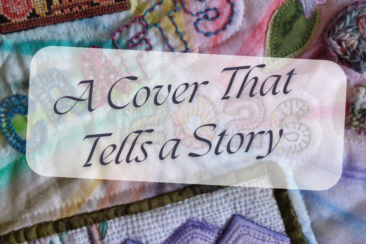 Text overlay on a colorful quilt with decorative patterns