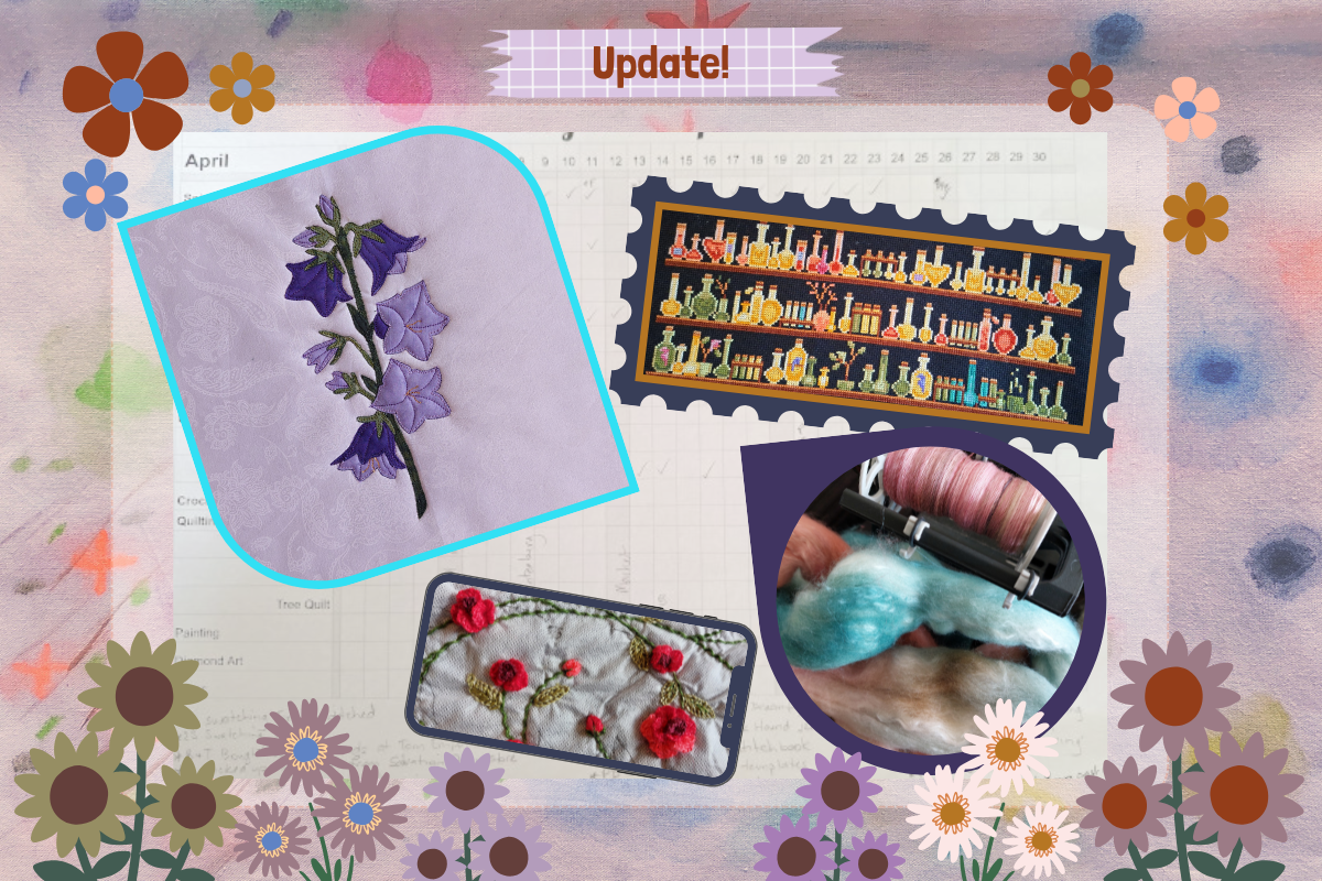 Collage of embroidered designs with colorful flowers and text on a floral background