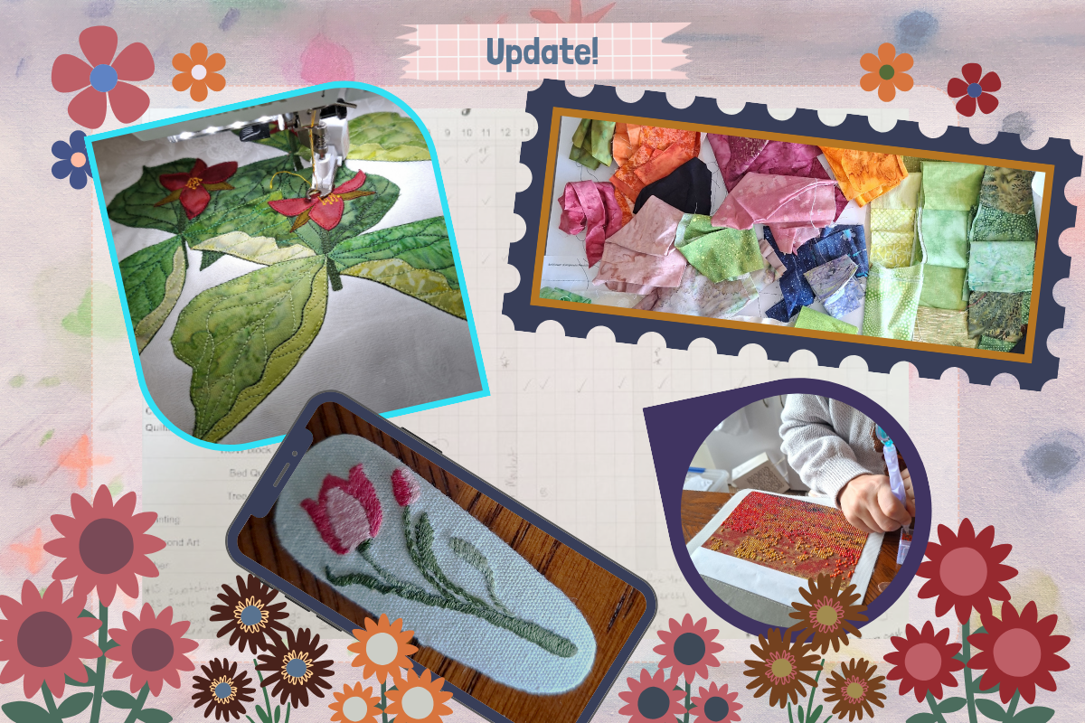 A collage-style promotional graphic showing several craft projects: a green leaf patchwork quilt under a sewing machine, folded colorful fabric pieces, a floral quilt on a wooden board, and a hand working on a red patterned textile. The layout includes decorative flowers and an 'Update!' banner on a light pink background.