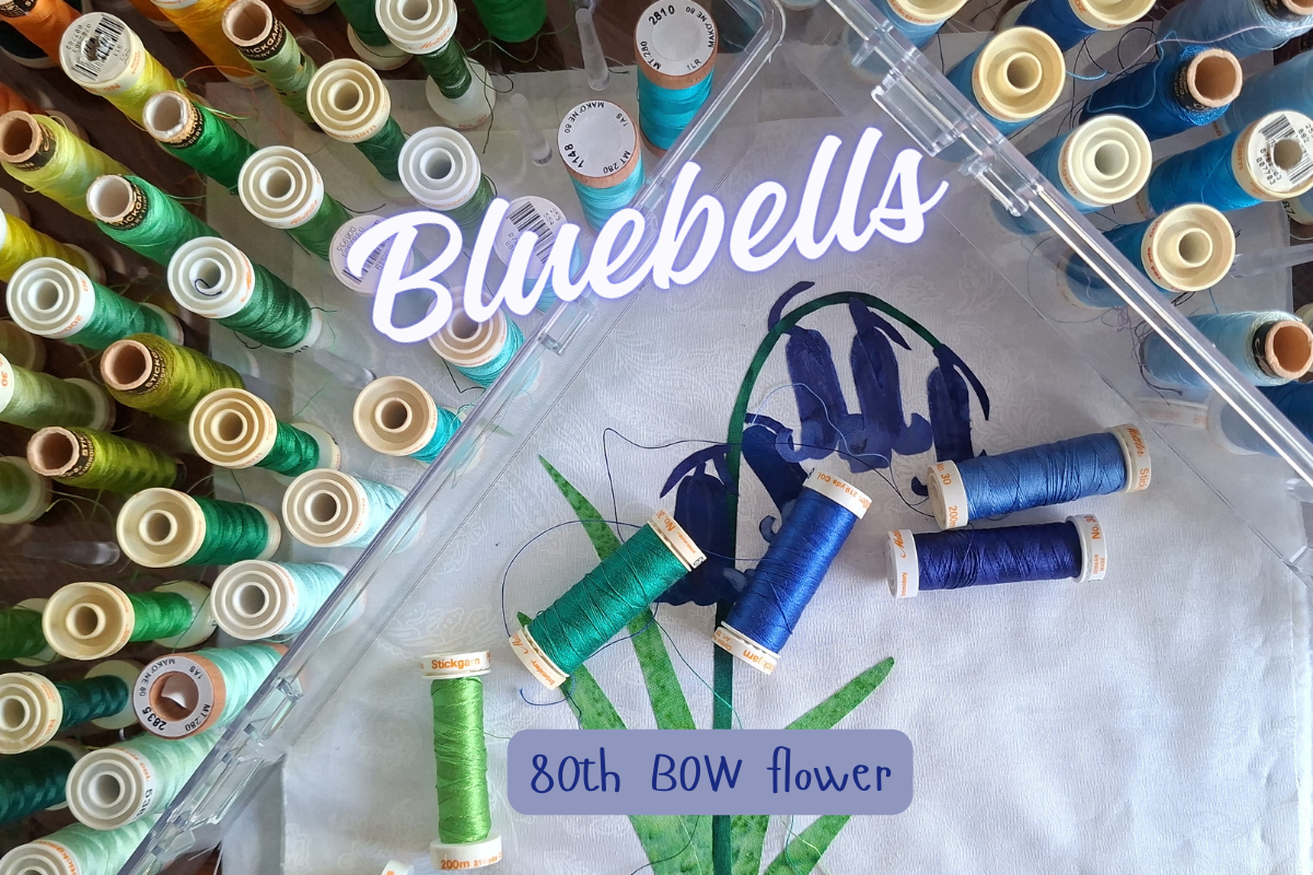 Embroidery threads with a floral design and 'Bluebells' text on a white background