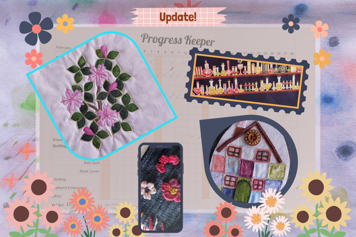 Quilt with floral design, quilt block, and house illustration on a colorful background with flowers and stars.