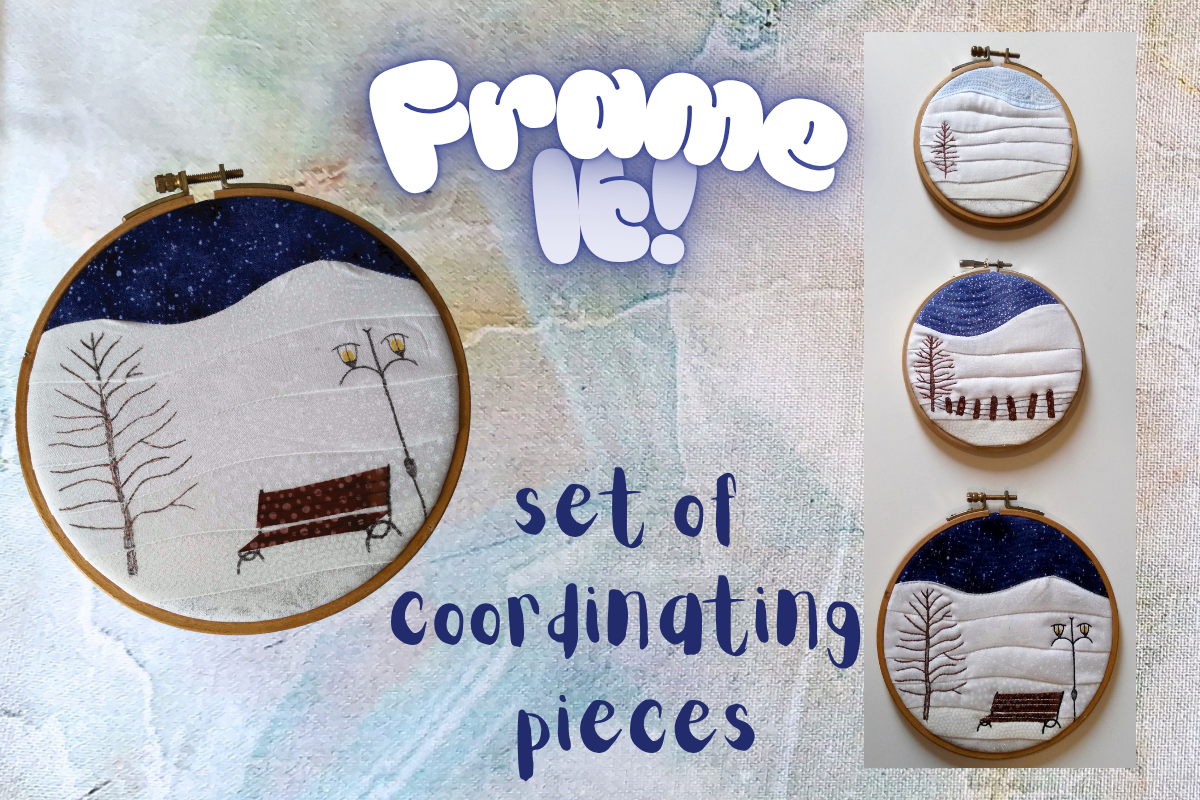 A promotional graphic for a blog post titled 'Frame it! set of coordinating pieces' showing three embroidered winter landscape designs in wooden embroidery hoops on a textured pastel background.
