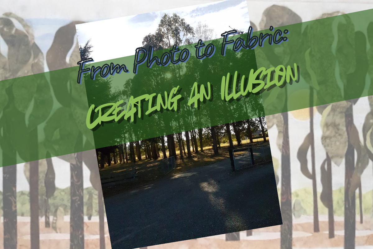 Fabric with printed design of a park scene and text overlay 'From Photo to Fabric: Creating an Illusion'.
