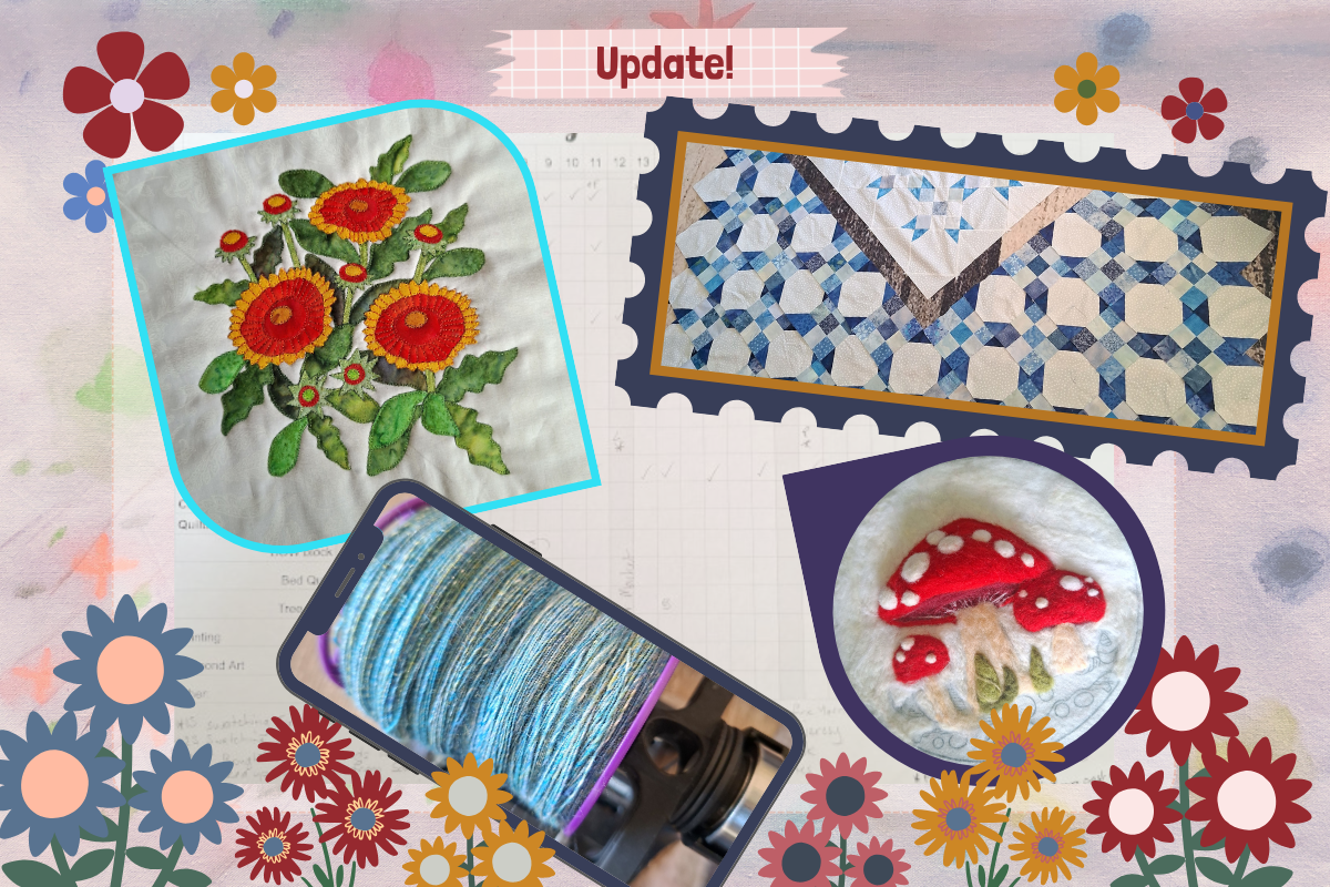 A collage-style product photo showing three handmade textile items: a floral patchwork quilt, a blue-and-white patterned quilt, and a mushroom patchwork quilt, alongside a spool of blue thread. The image has a decorative floral border and an 'Update!' banner at the top.