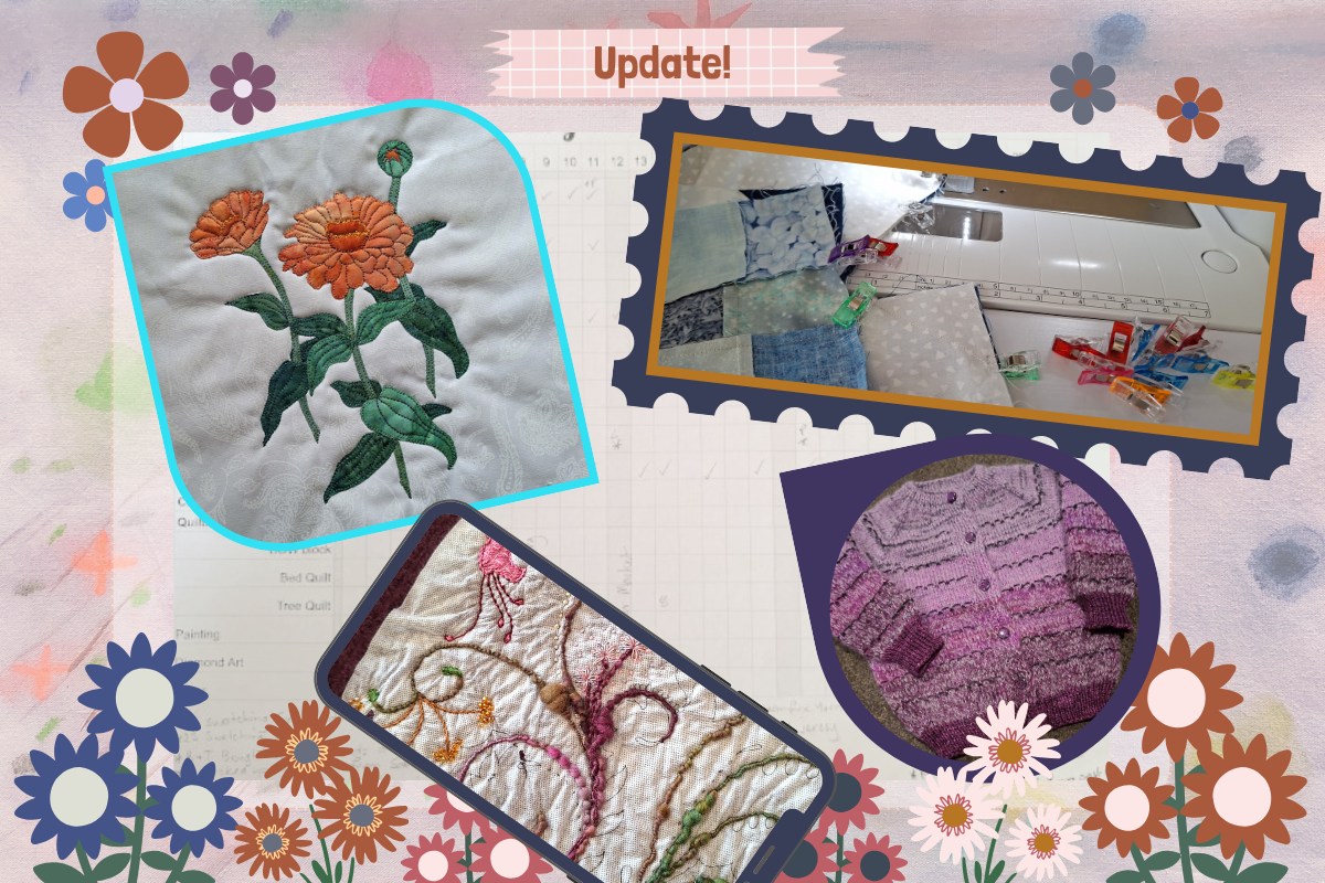 Collage of embroidered flowers and fabric with a 'Update!' text overlay on a decorative background.