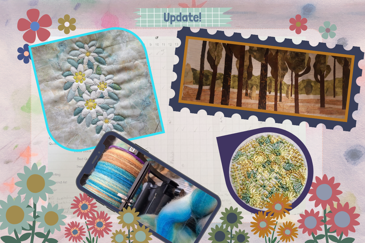 A collage-style craft or sewing update showing several fabric and embroidery samples: a light blue and white daisy patch, a forest scene stitched in a stamp-like border, a close-up of multicolored floral fabric, and a sewing machine with thread spools. The background is a textured light surface with colorful flower illustrations around the edges and a small 'Update!' label at the top.