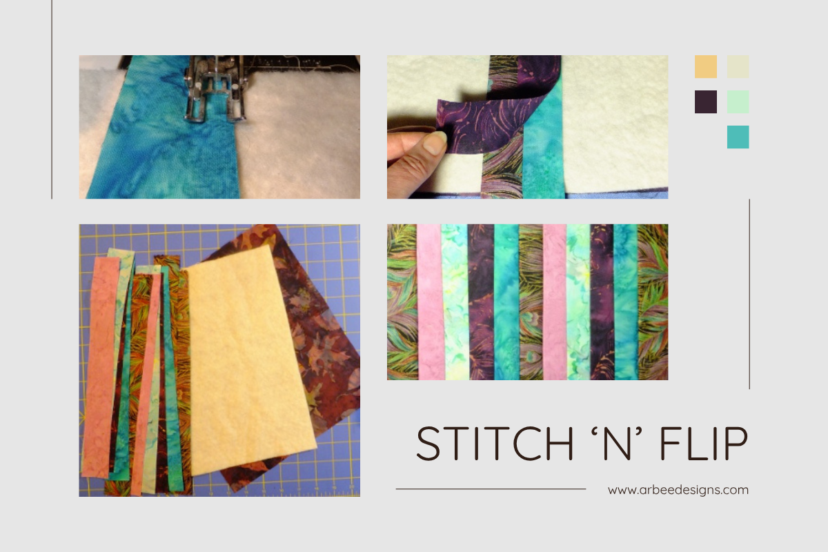 Collage of quilt-making process with colorful fabric strips and sewing machine, featuring 'Stitch 'N' Flip' by Arbee Designs.
