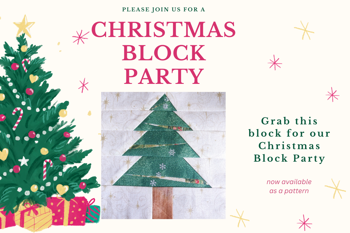 Advertisement for a Christmas block party with a tree and presents illustration.