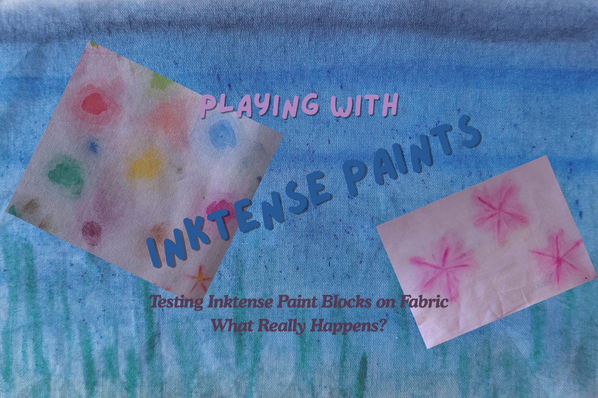 Two pieces of fabric with colorful paint patterns on a blue watercolor background, with text overlay.