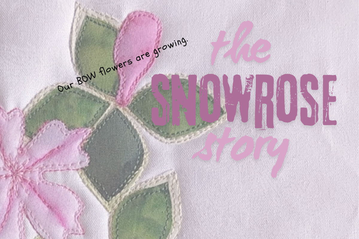 Text 'the SHOWROSE story' with pink flowers and green leaves on a white background