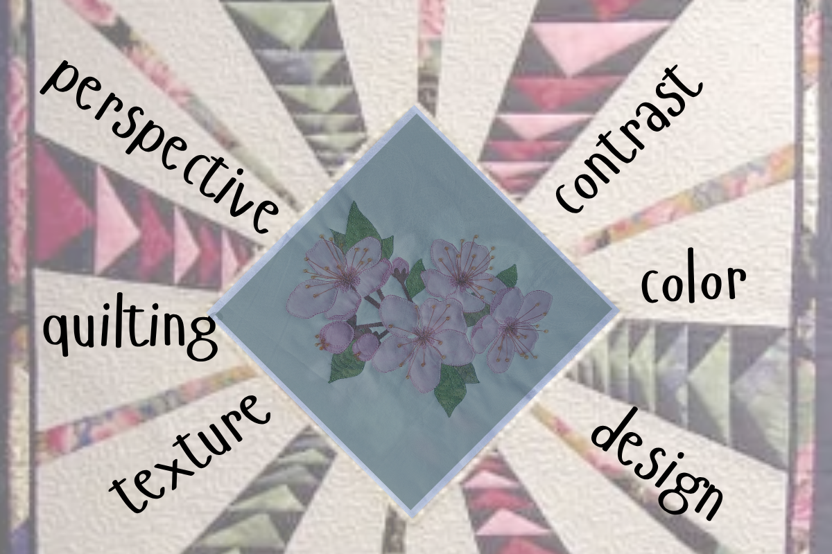 A quilted fabric background with a central diamond patch showing light purple flowers on a pale blue ground. Surrounding the patch, handwritten text labels point to qualities like perspective, quilting, texture, contrast, color, and design.